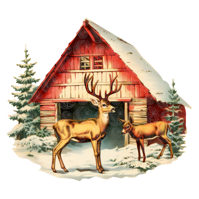 Christmas deer and barn illustration with snow-covered red barn and pine trees, Grey Barn Handwerk, Saskatchewan.